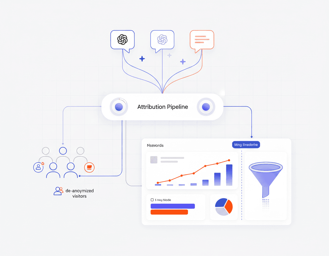 Flow illustration showing AI assistant traffic passing through attribution filters into analytics and conversion funnel