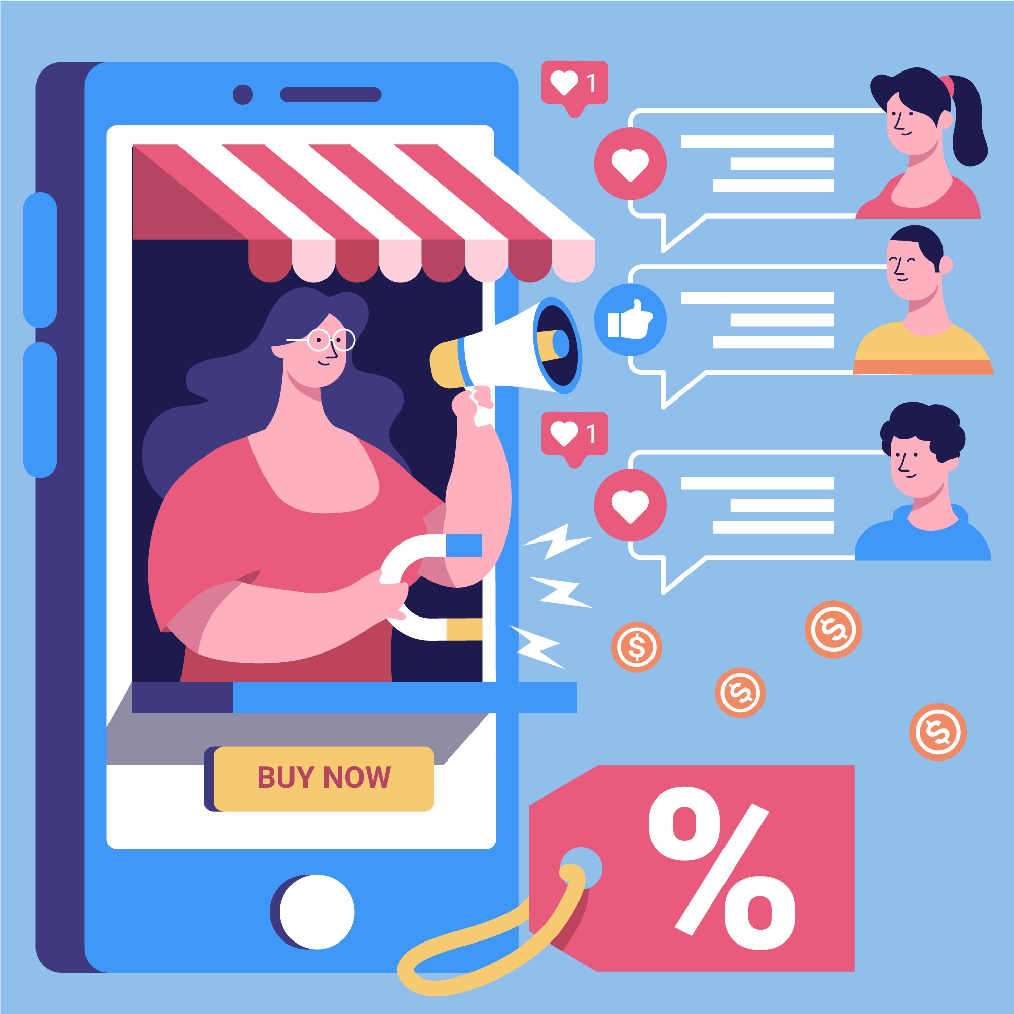 Illustration of a creator promoting a brand via mobile, driving likes and comments from followers