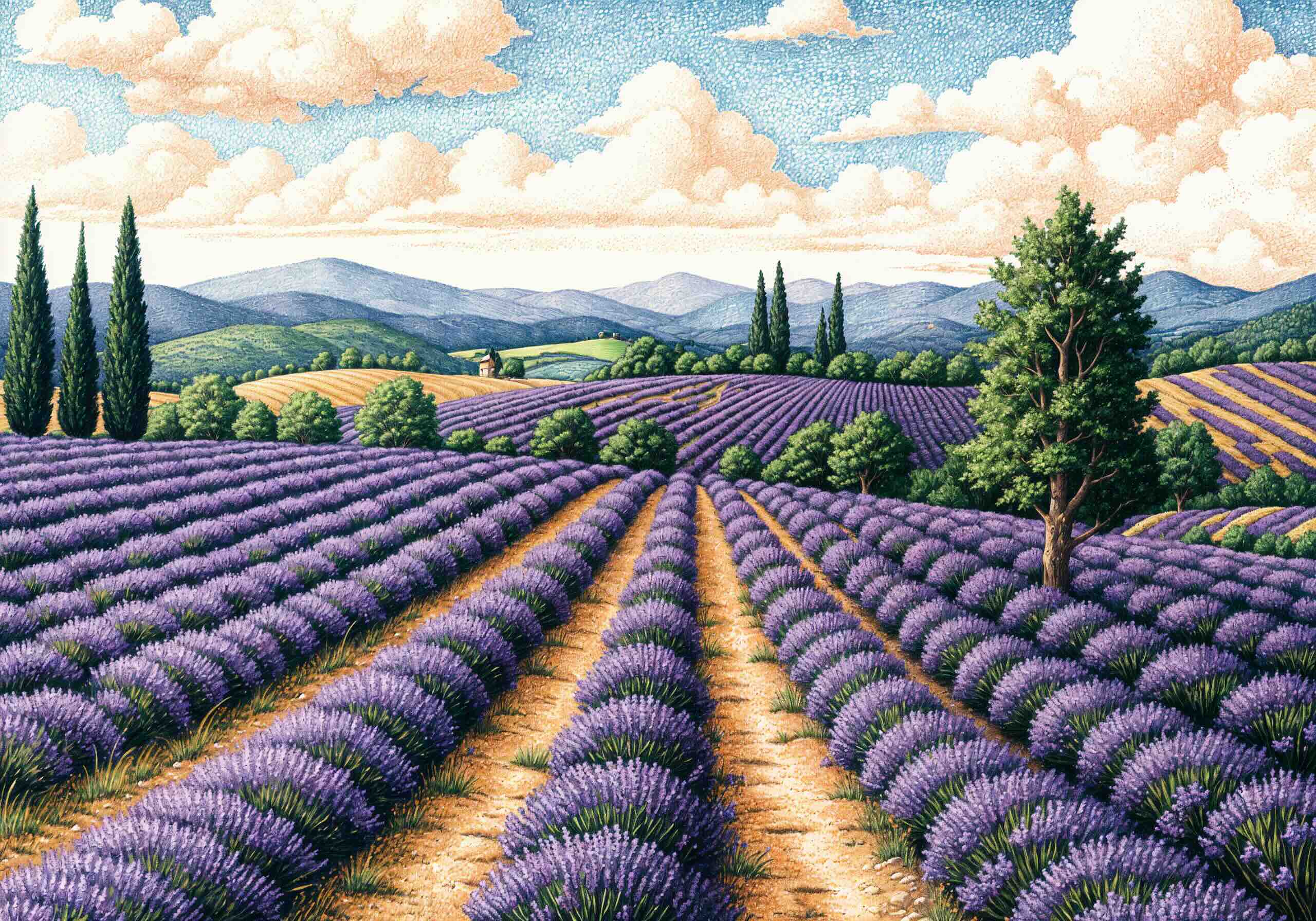  Detailed illustration of a scenic countryside in Moldova, featuring vast rows of lavender fields, rolling green hills, tall cypress trees, and a distant farmhouse under a bright sky.