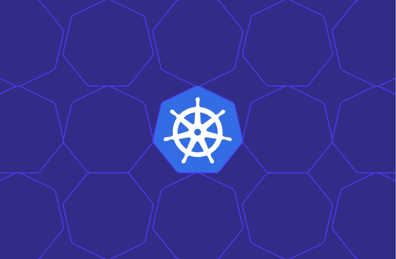 The Kubernetes helm wheel icon centered on a background of layered octagonal shapes in blue and purple tones.