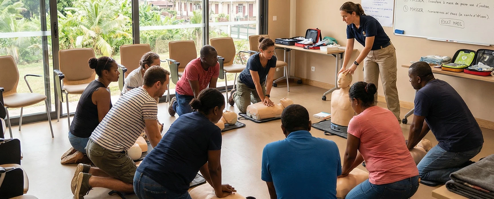 Intervenants équipés préparent du matériel de secours sur le terrain.