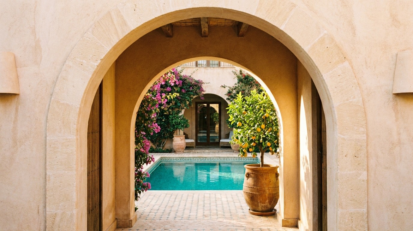 A light sandstone arched entryway at Refúgio do Vento, framing a bright turquoise courtyard pool and a potted green citrus tree.