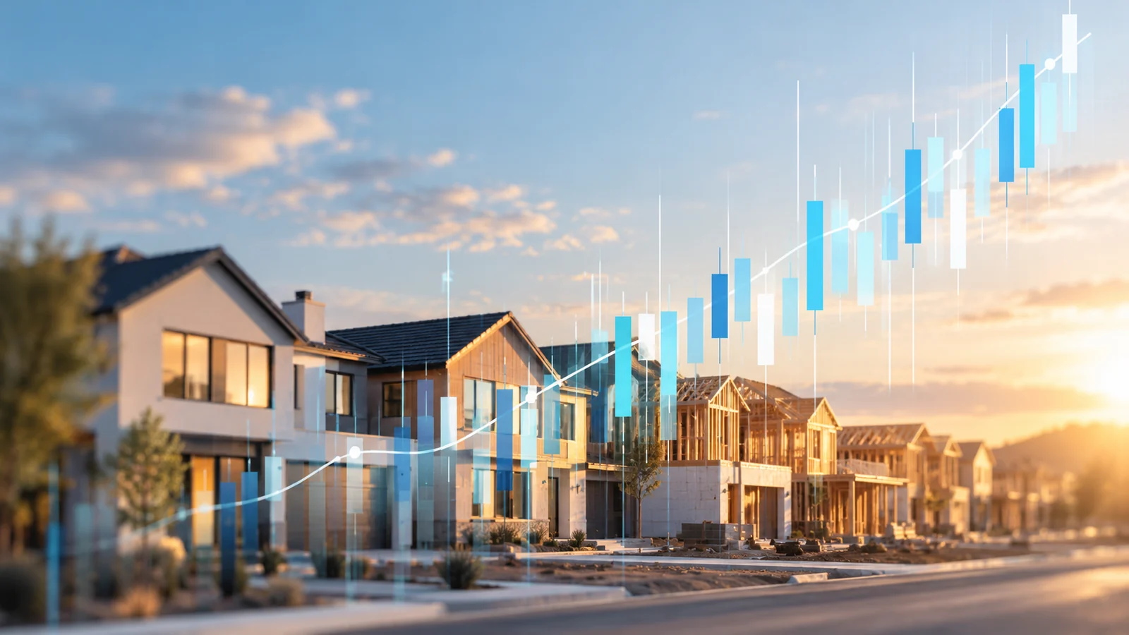 Illustration of a residential development with an upward financial chart