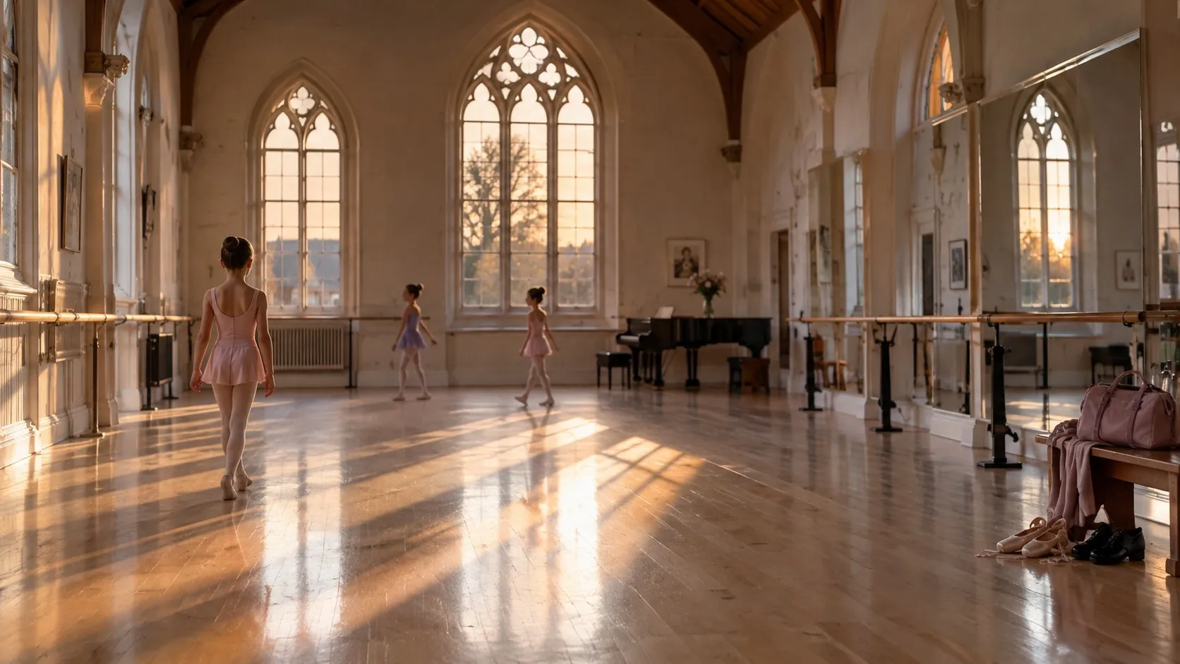 The empty studio at golden hour, long shadows across the wooden floor