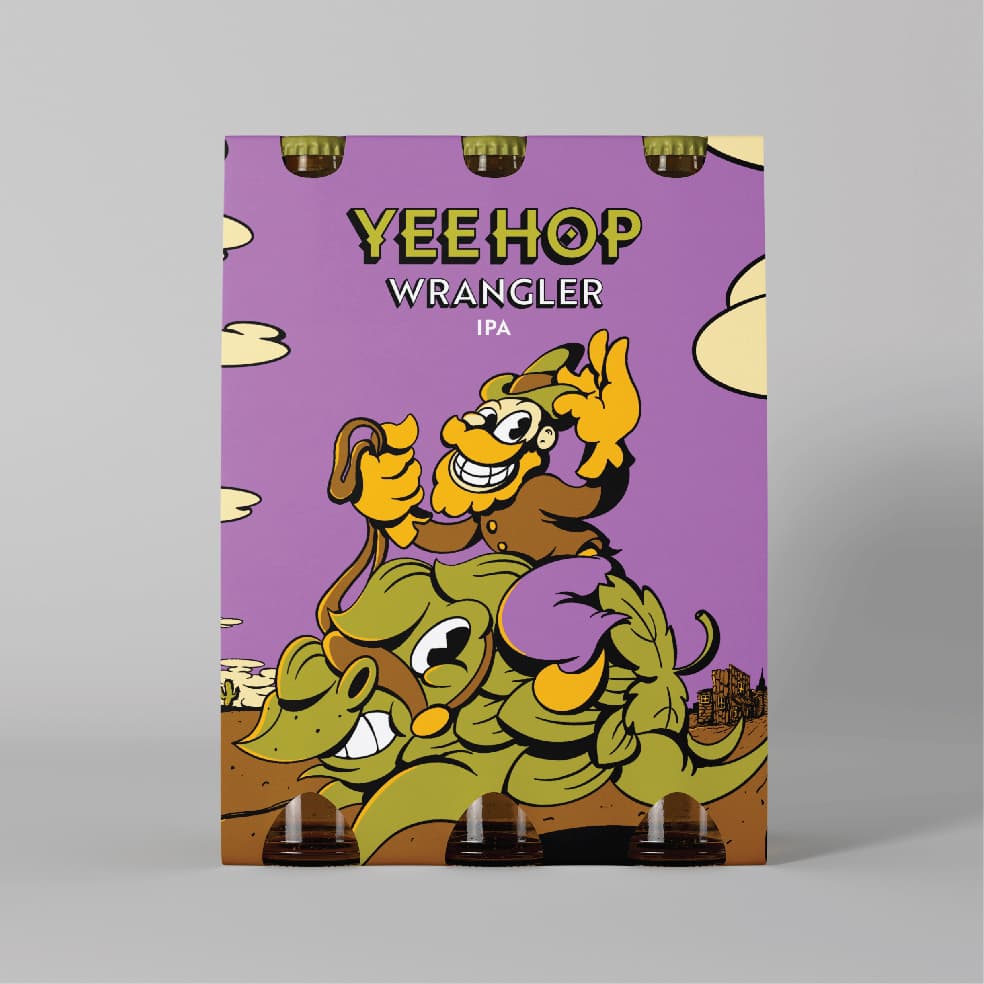 YeeHop Wrangler IPA outer packaging for triple beer pack, featuring playful rubber-hose–style artwork of a Wild West cowboy riding a creature shaped like a hop.
