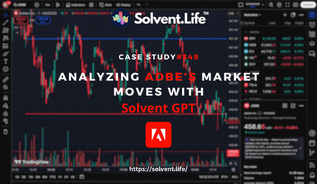 Trading chart of Adobe (ADBE) with resistance levels and Solvent GPT’s short trade prediction.