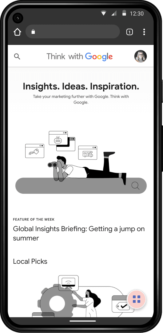 Mobile screen display of the Think with Google home page