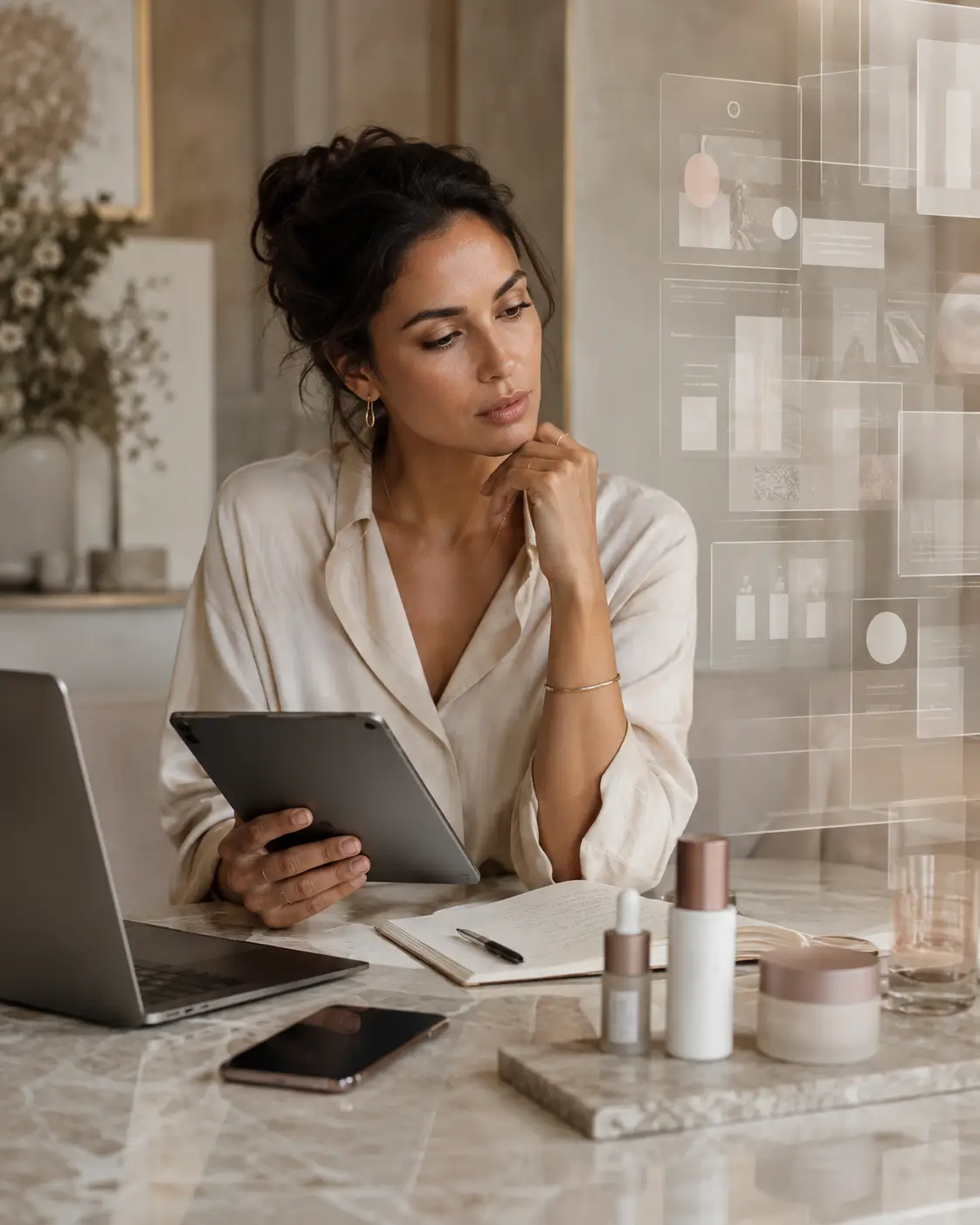 Mulher adulta em ambiente editorial segurando um tablet diante de camadas discretas de interfaces digitais, com notebook, smartphone, caderno e poucos produtos de skincare sobre a mesa, representando consumo inteligente na era da abundância cognitiva.