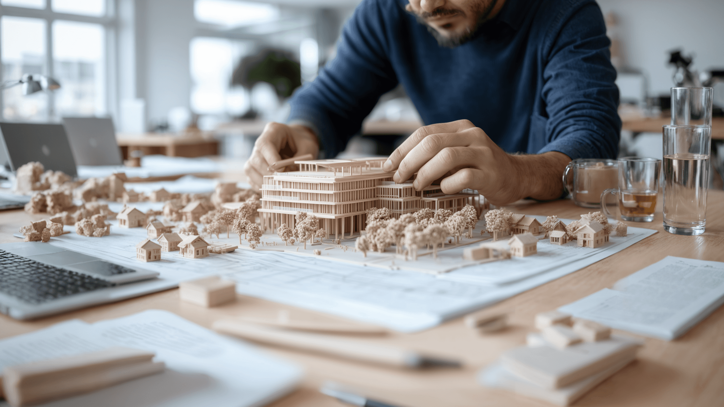 A person working at a table covered with paper plans and wooden models, focused on their project.