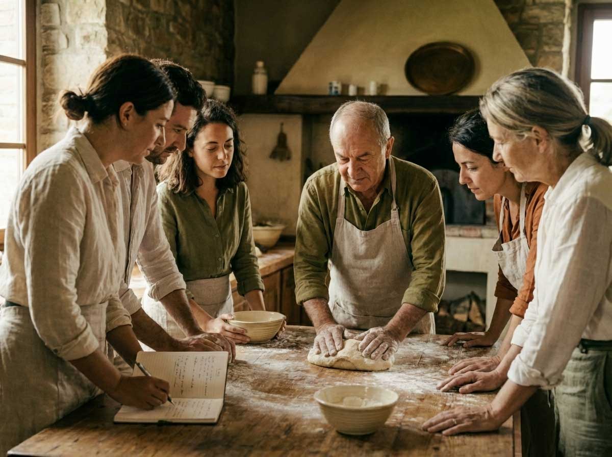 A group of six people gather around a wooden table where an older man in an apron kneads dough