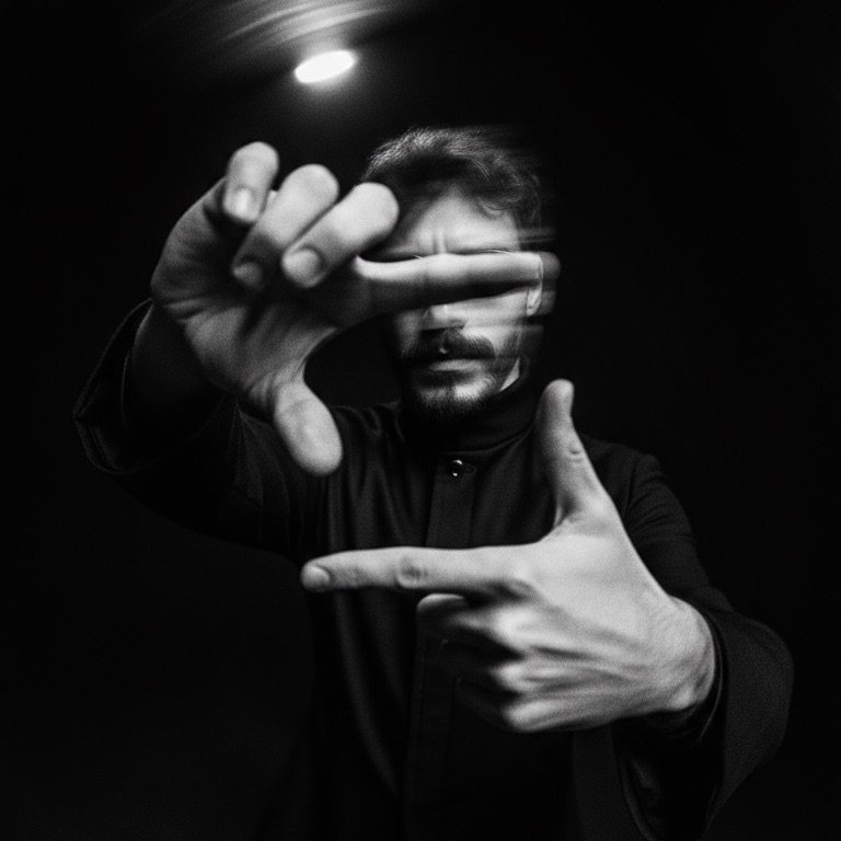 Person, holding a white rose behind his back with one arm on a light blue background