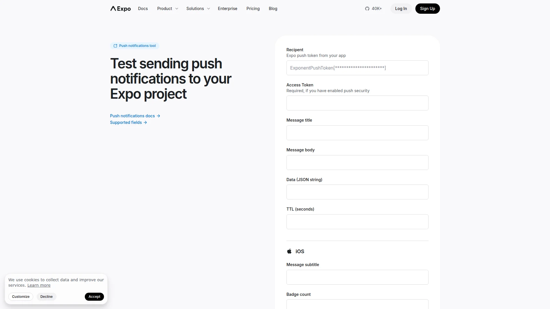 Expo push notification testing tool interface for sending test notifications to devices