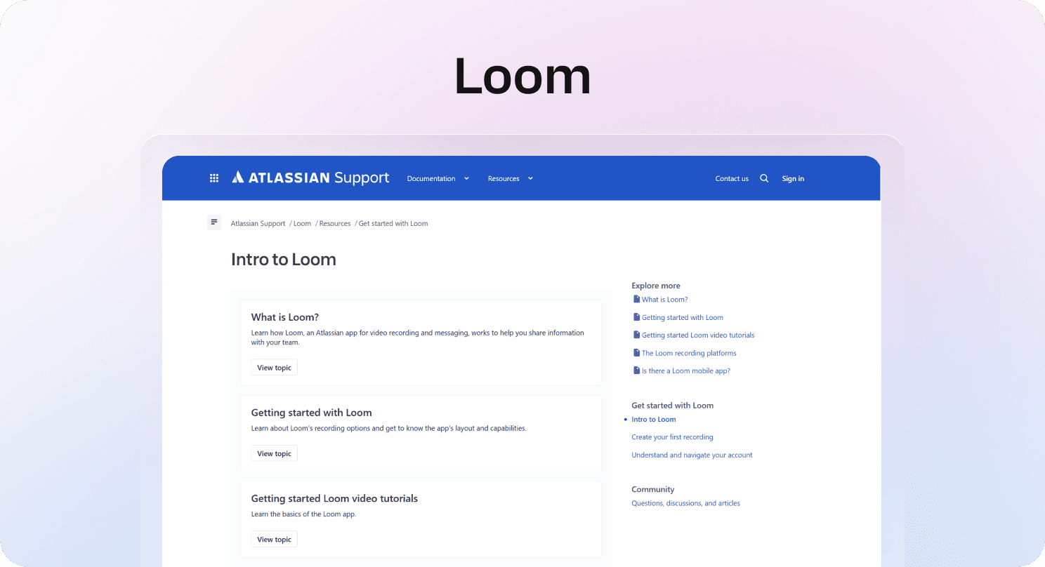 Loom Getting Started help page with onboarding article lists for recording, setup, and sharing.