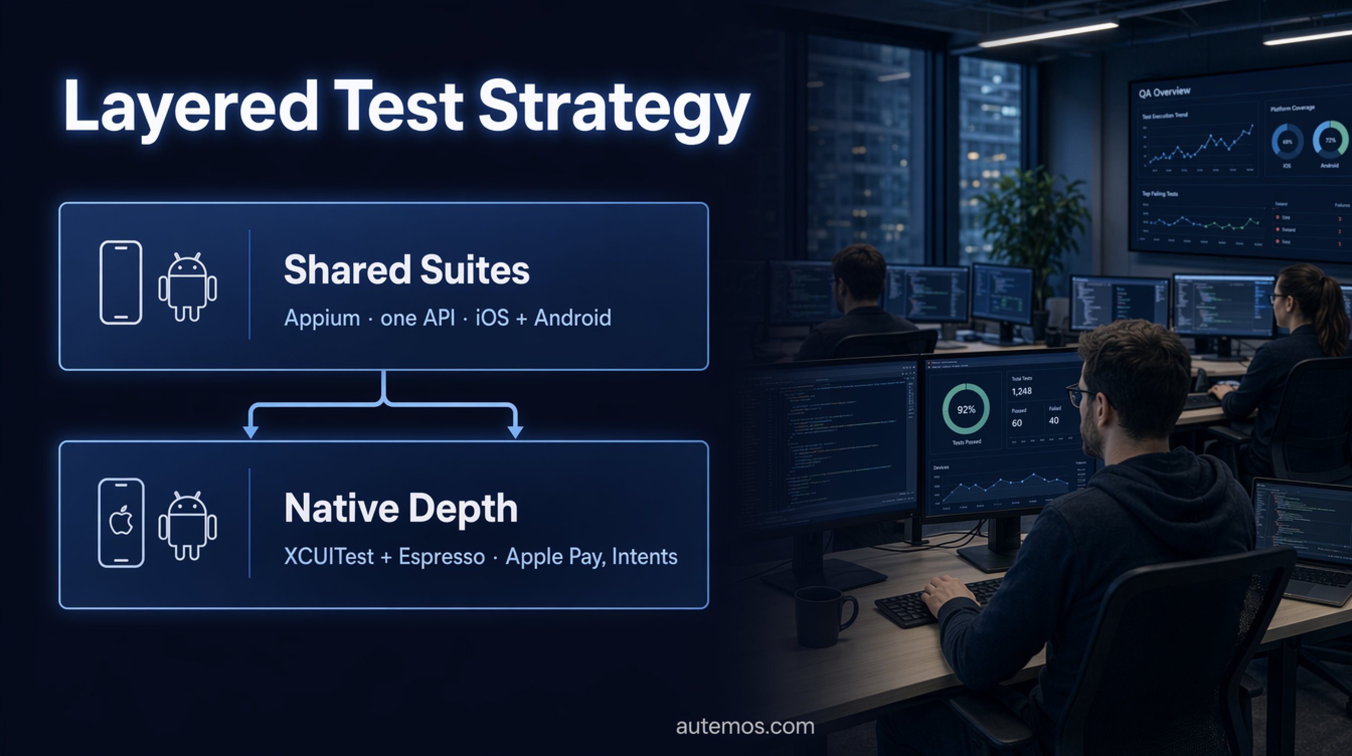 Layered test strategy: shared suites via Appium for iOS and Android, with native depth using XCUITest and Espresso for Apple Pay and intents.