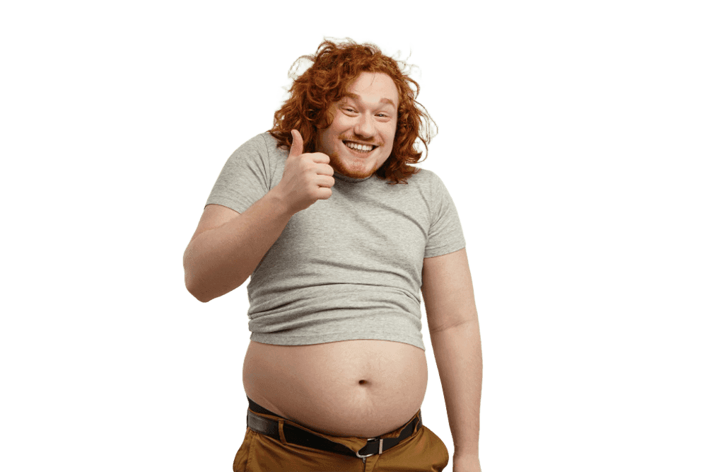 Happy overweight man thumbs up for obesity surgery transformation.