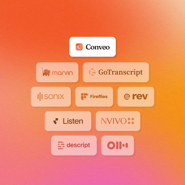 Graphic on an orange-to-pink gradient background showing a hierarchy of transcription and research platform logos, with Conveo at the top, followed by Marvin, GoTranscript, Sonix, Fireflies, Rev, Listen, NVivo, Descript, and Otter.ai arranged in rows below.