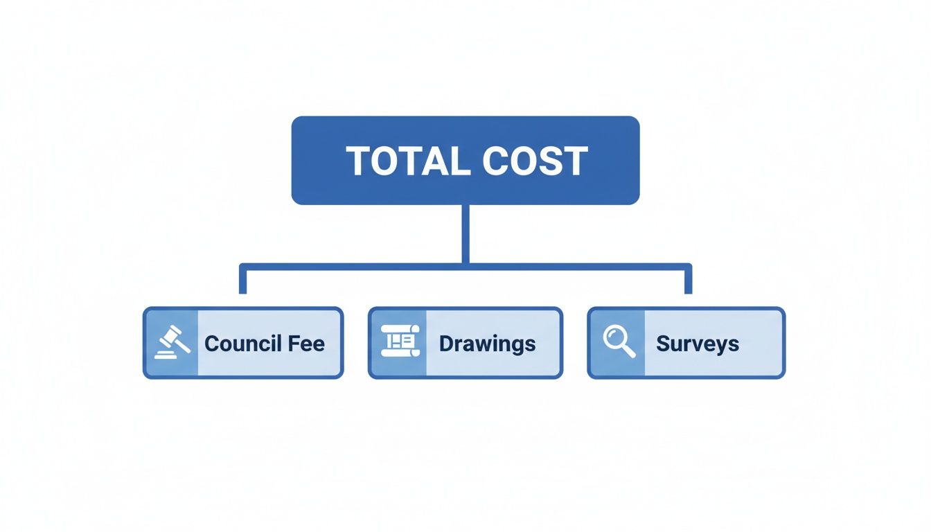 A flowchart showing total cost broken down into council fee, drawings, and surveys.