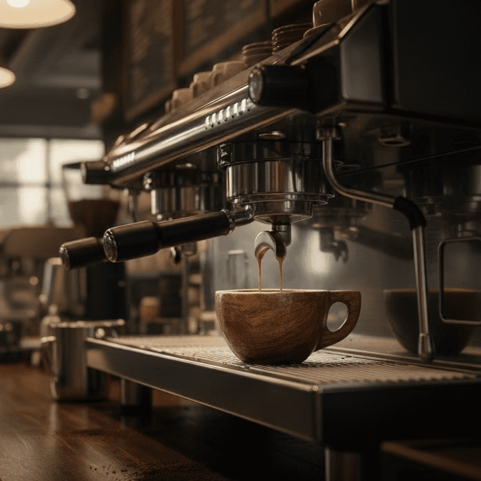 Espresso machine dispensing coffee into a ceramic cup on a café counter, with warm ambient lighting.