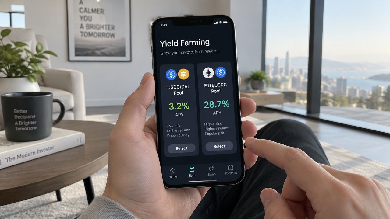 A person holding a smartphone showing a decentralized finance app displaying various yield farming investment pools.