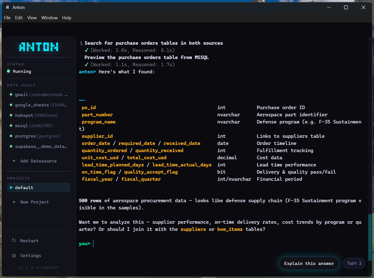 Screenshot 2: Anton mapping out what's in the database before I write a single query.