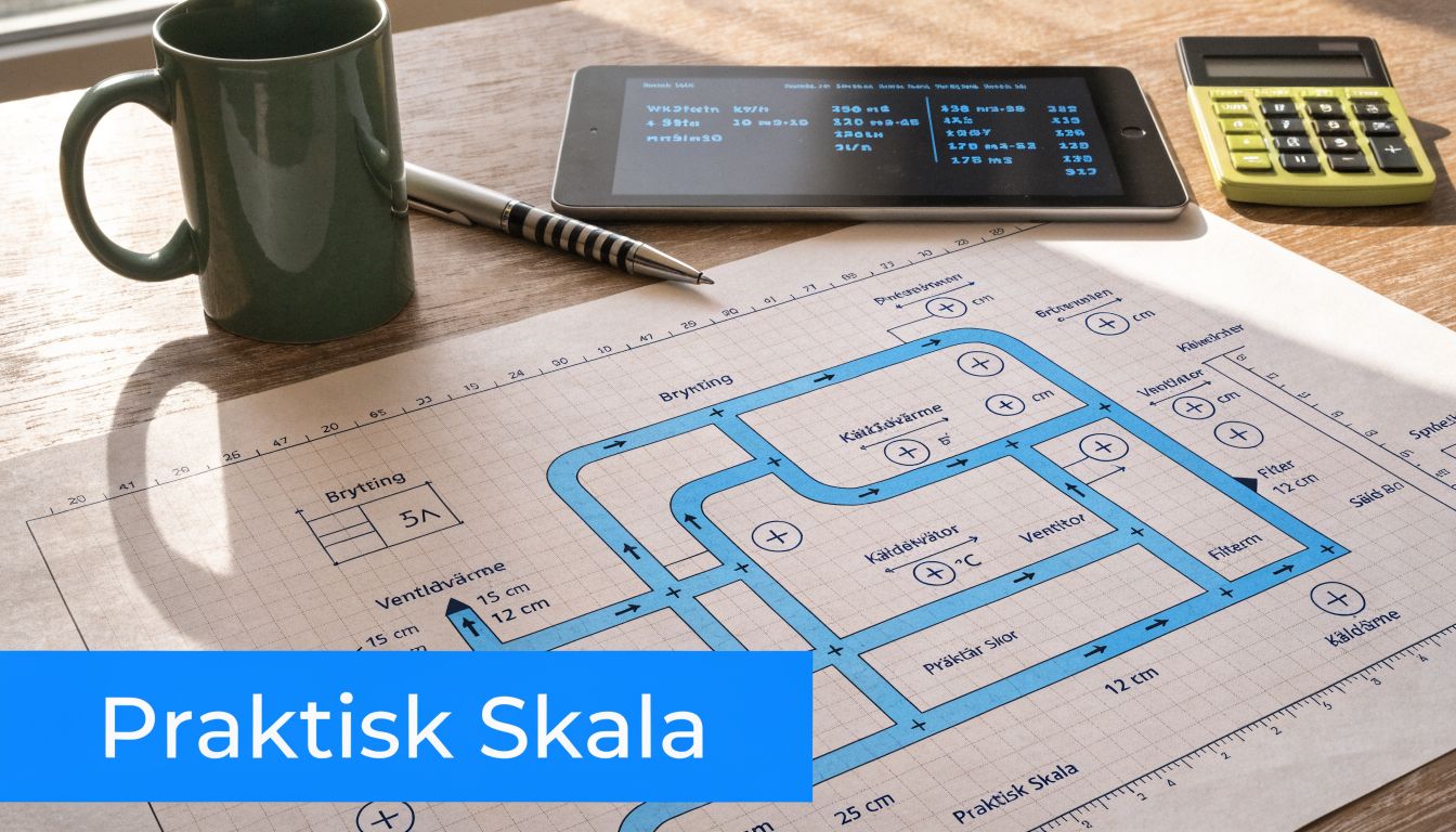 Ett ritbord med ritning, penna, kaffekopp och miniräknare som visar hur man räknar ut skala.
