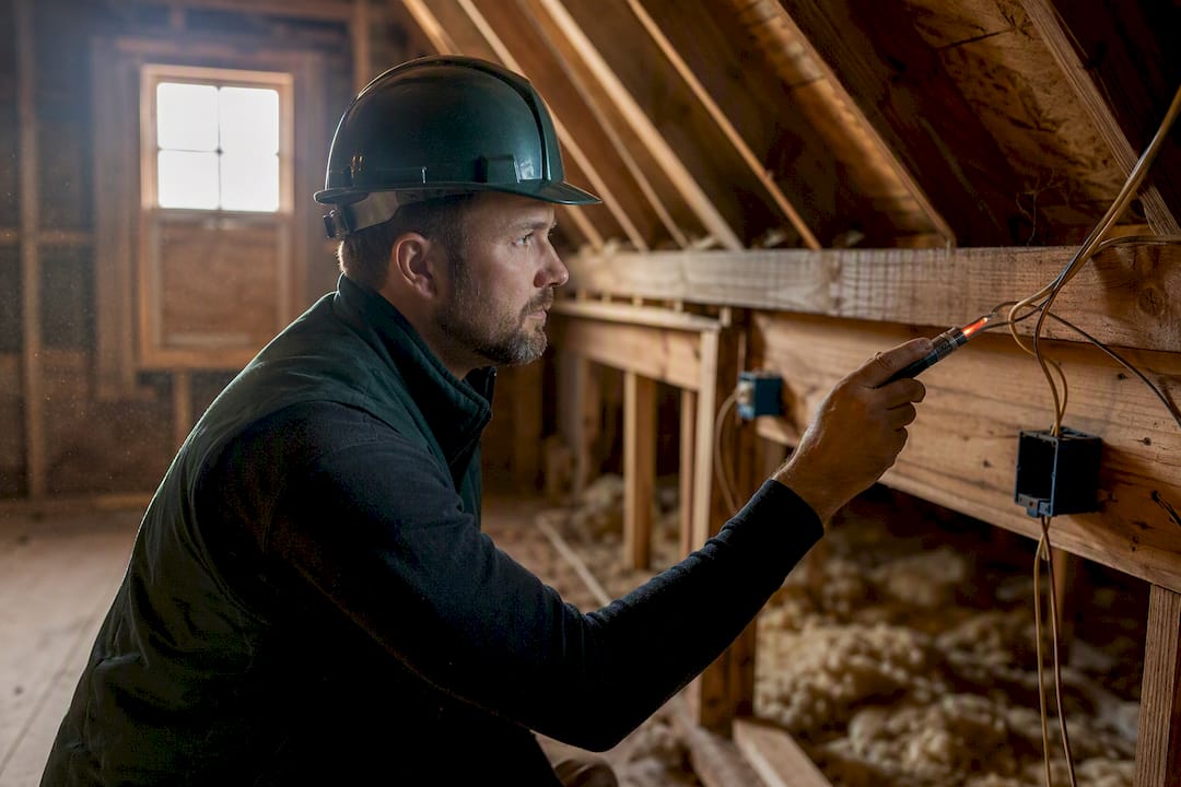 Inspector testing electrical wiring during renovation