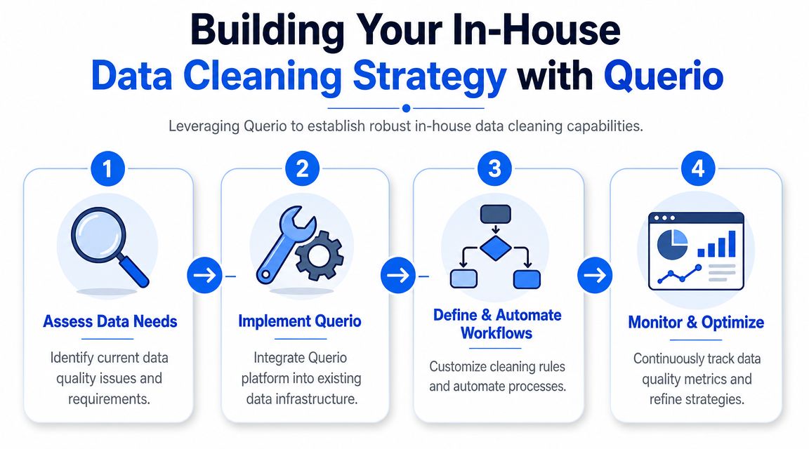 A four-step infographic showing how to build an in-house data cleaning strategy using the Querio platform.