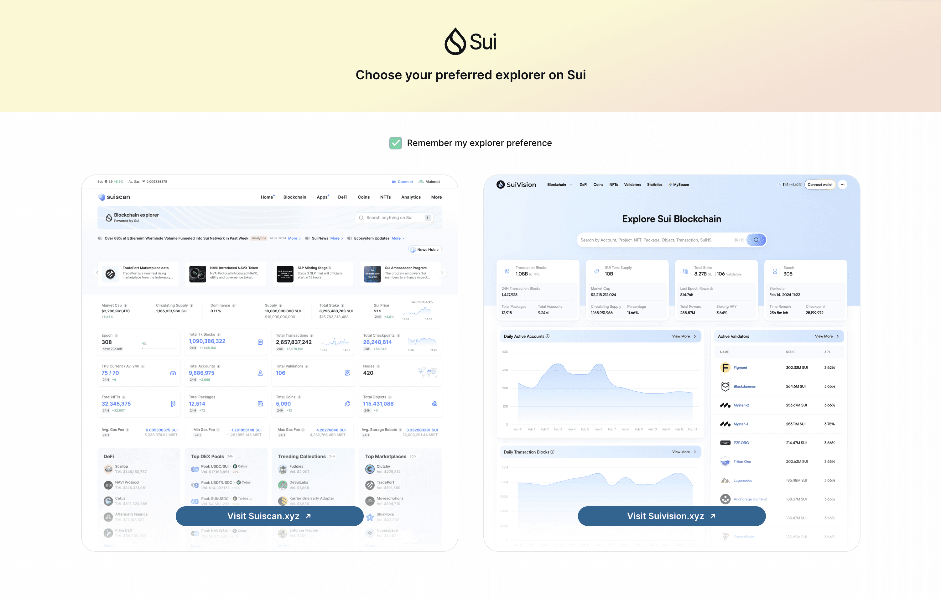 Screenshot showing the Sui network explorer selection screen, offering a choice between different explorer interfaces.