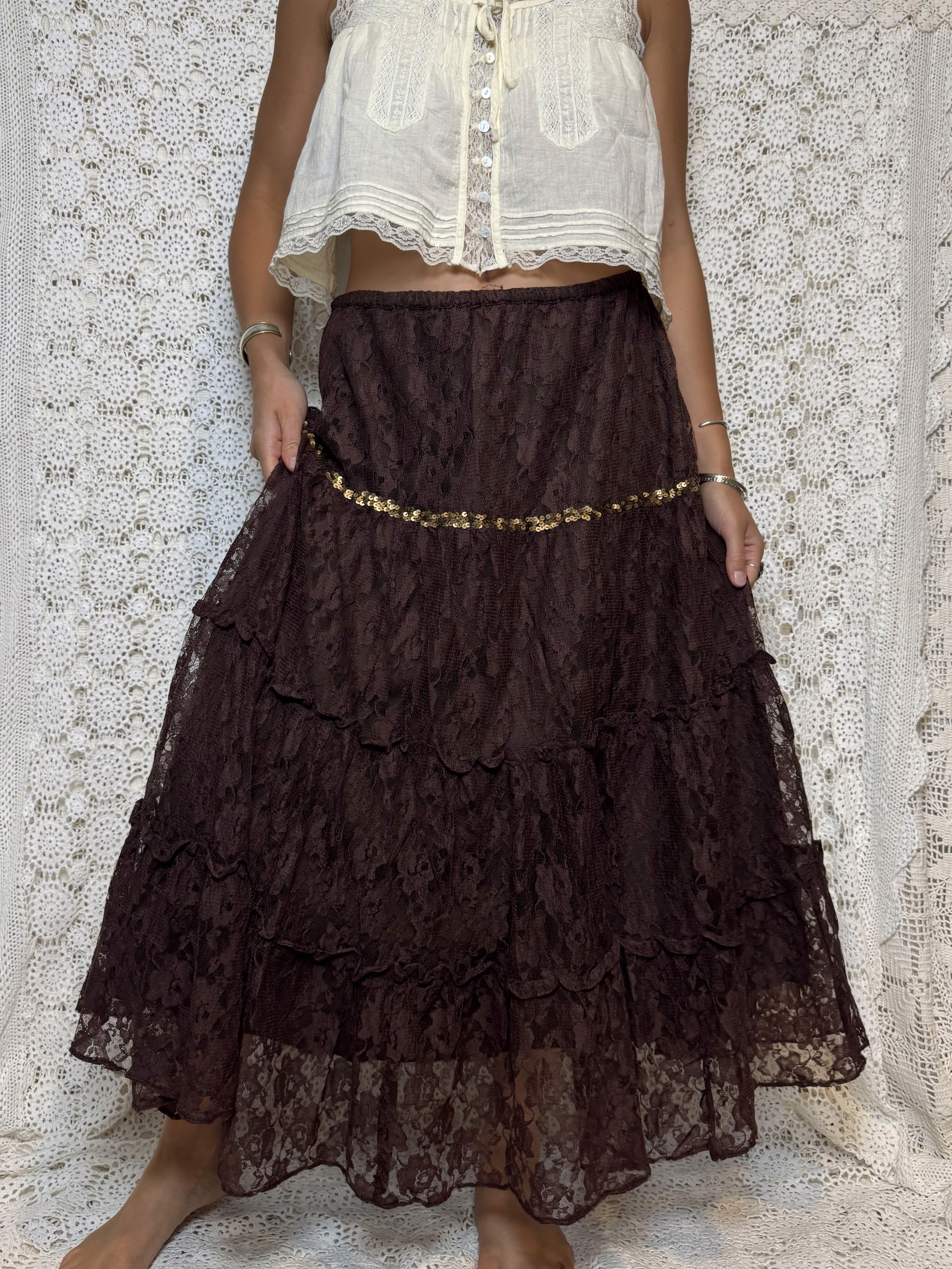 vintage brown lace maxi skirt