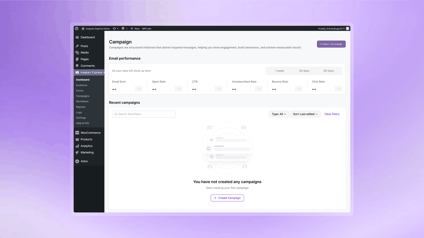 Animation of the campaign flow in Icegram Express: empty campaign list, start picker with one-off campaigns and pre-built workflows, then the checklist editor