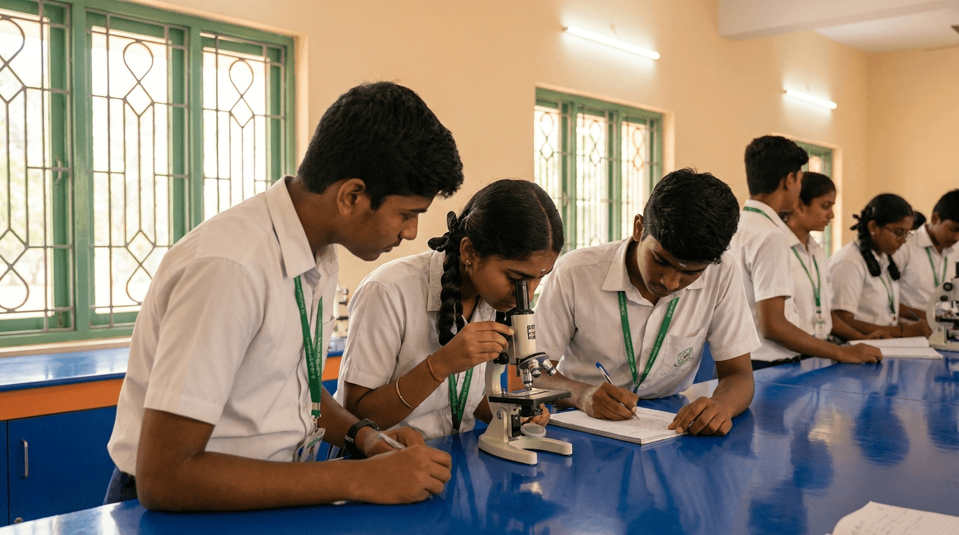 NCFE students using a microscope in the science lab