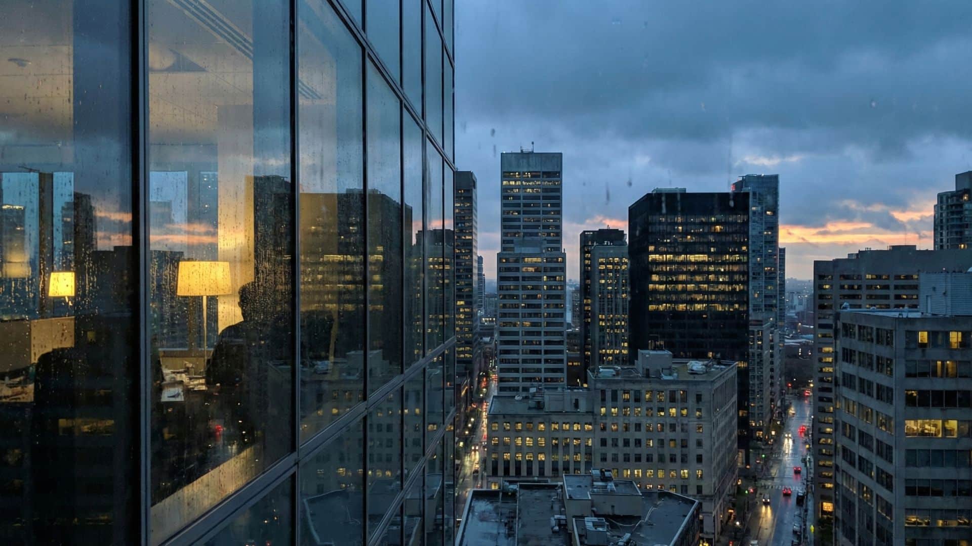 rainy city skyline view from office window