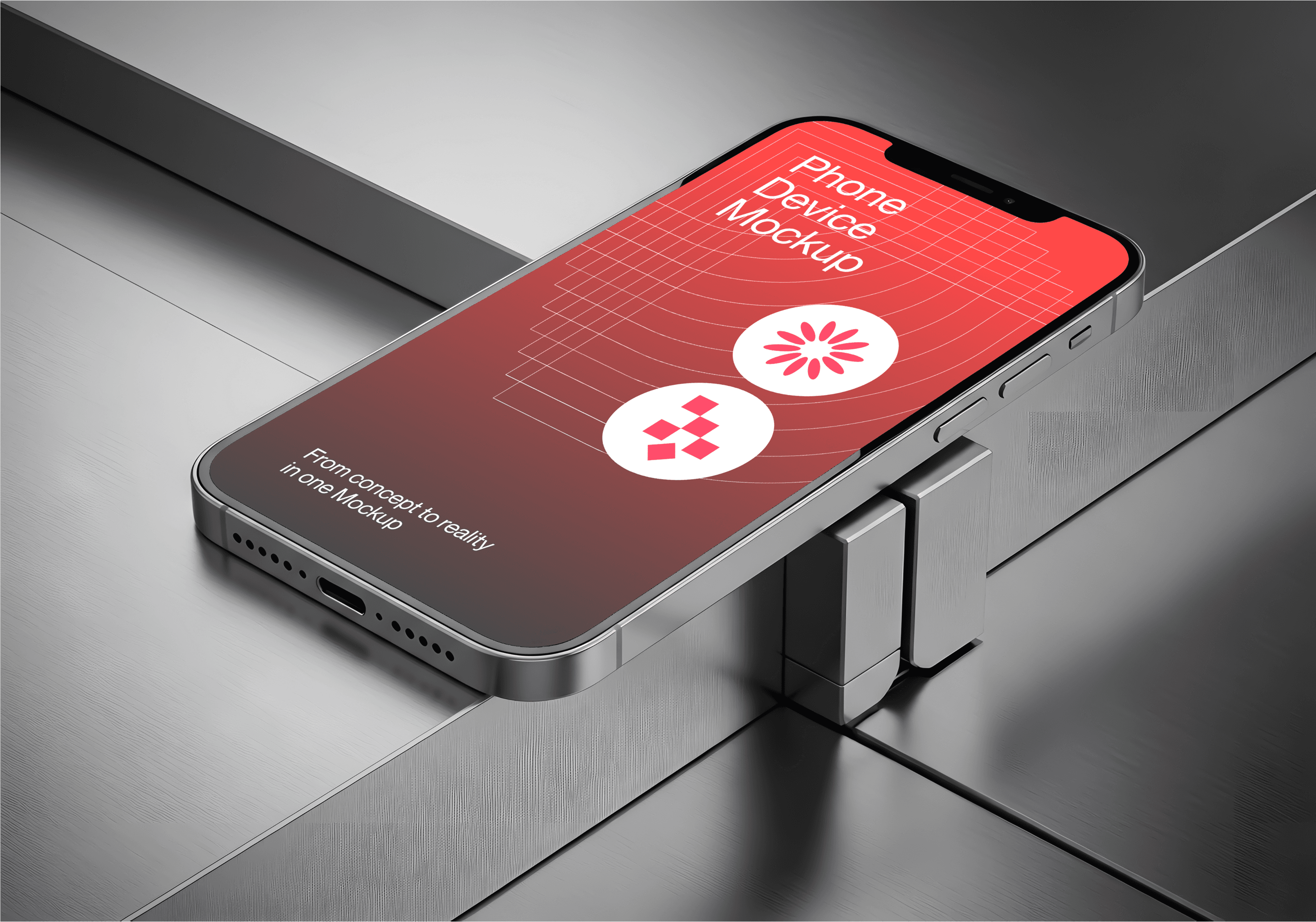 Professional phone mockup, UI/UX design showcase, 3D product rendering, red mobile app interface.