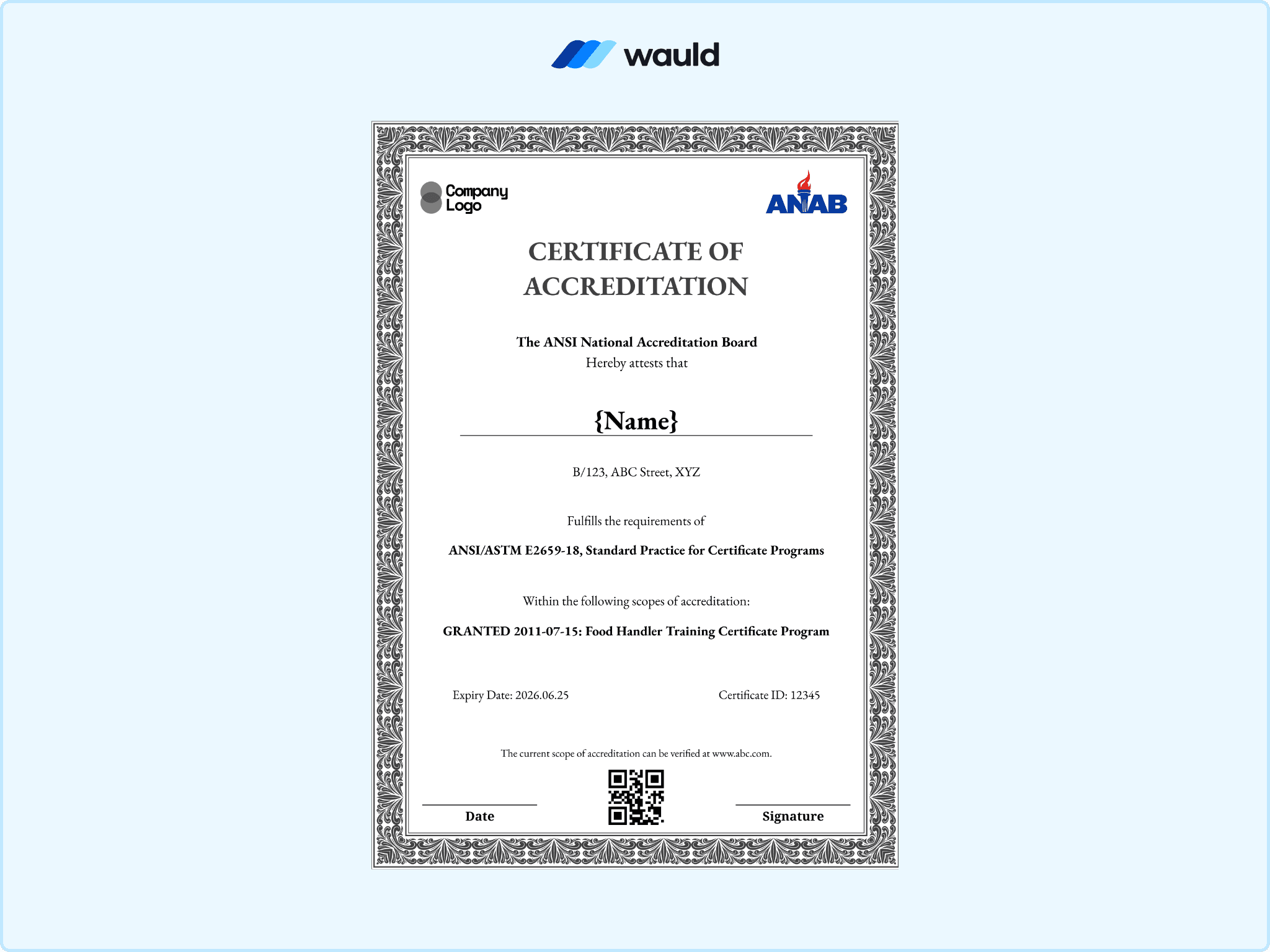 Textured silver mosaic bordered certificate of accreditation template with recipient name field, standard practice reference, granted accreditation scope, expiry date, certificate ID, QR code, and signature line