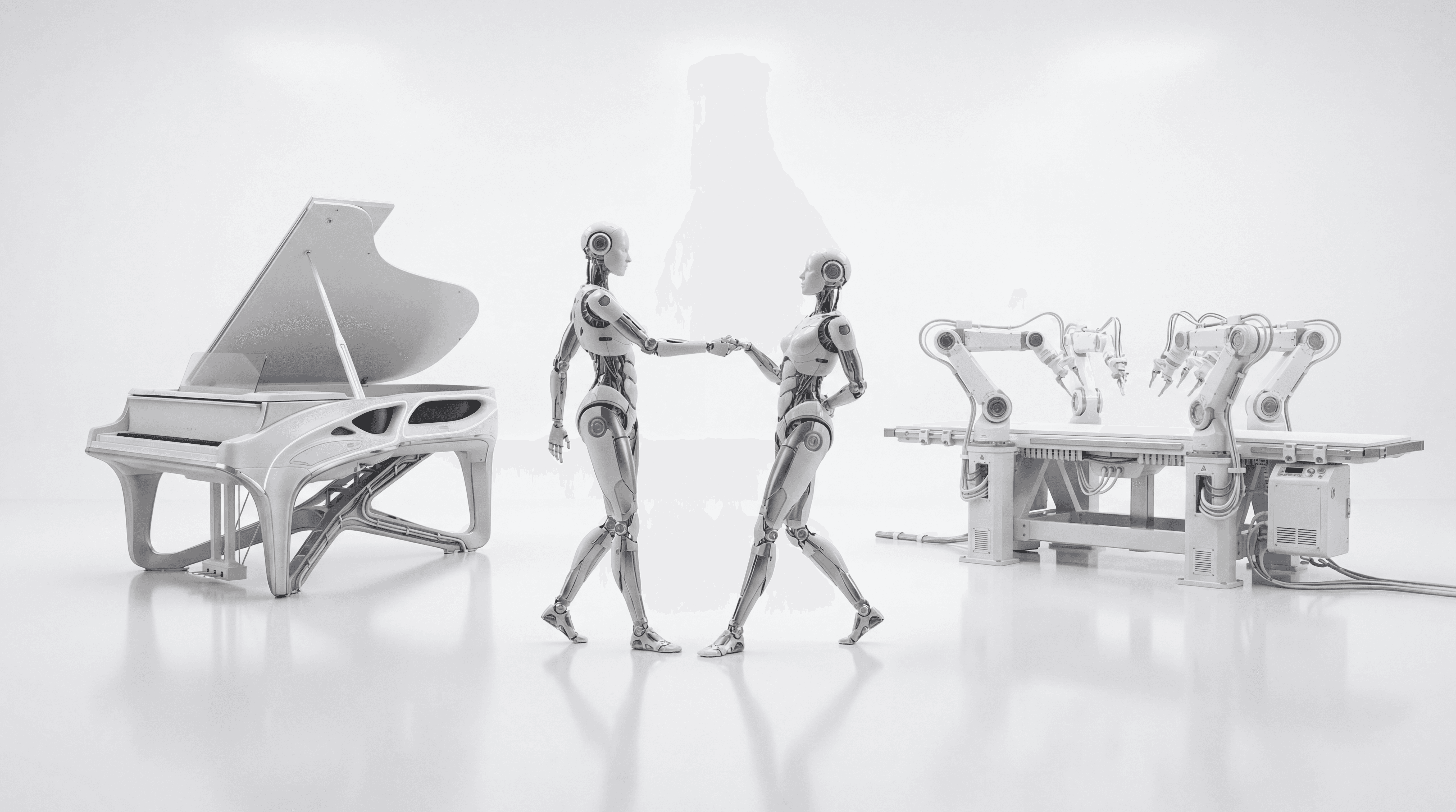 Humanoid robots beside a grand piano and robotic musicians