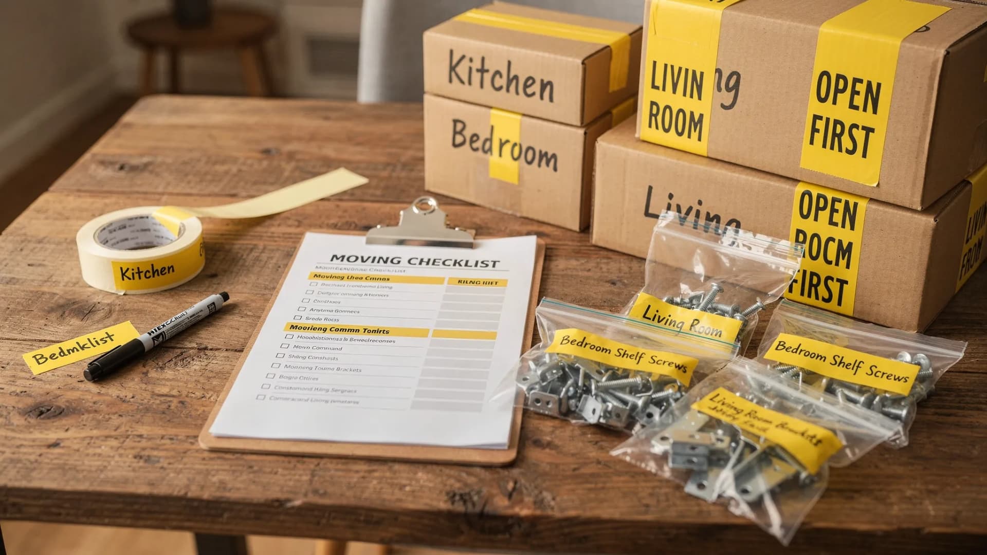 A moving command center on a table with painter’s tape, thick marker, zip-top bags for hardware, a clipboard checklist, and clearly labeled boxes showing room names and “Open First” tags.