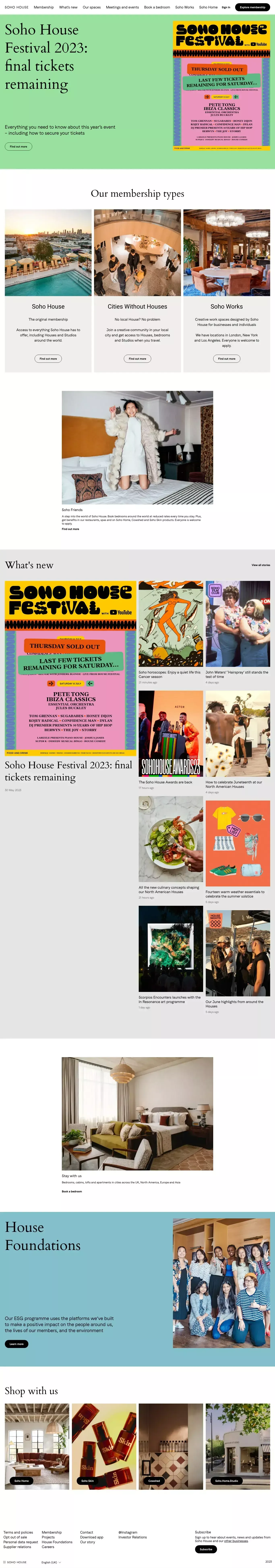 Soho House landing page screenshot showcasing Real Estate design