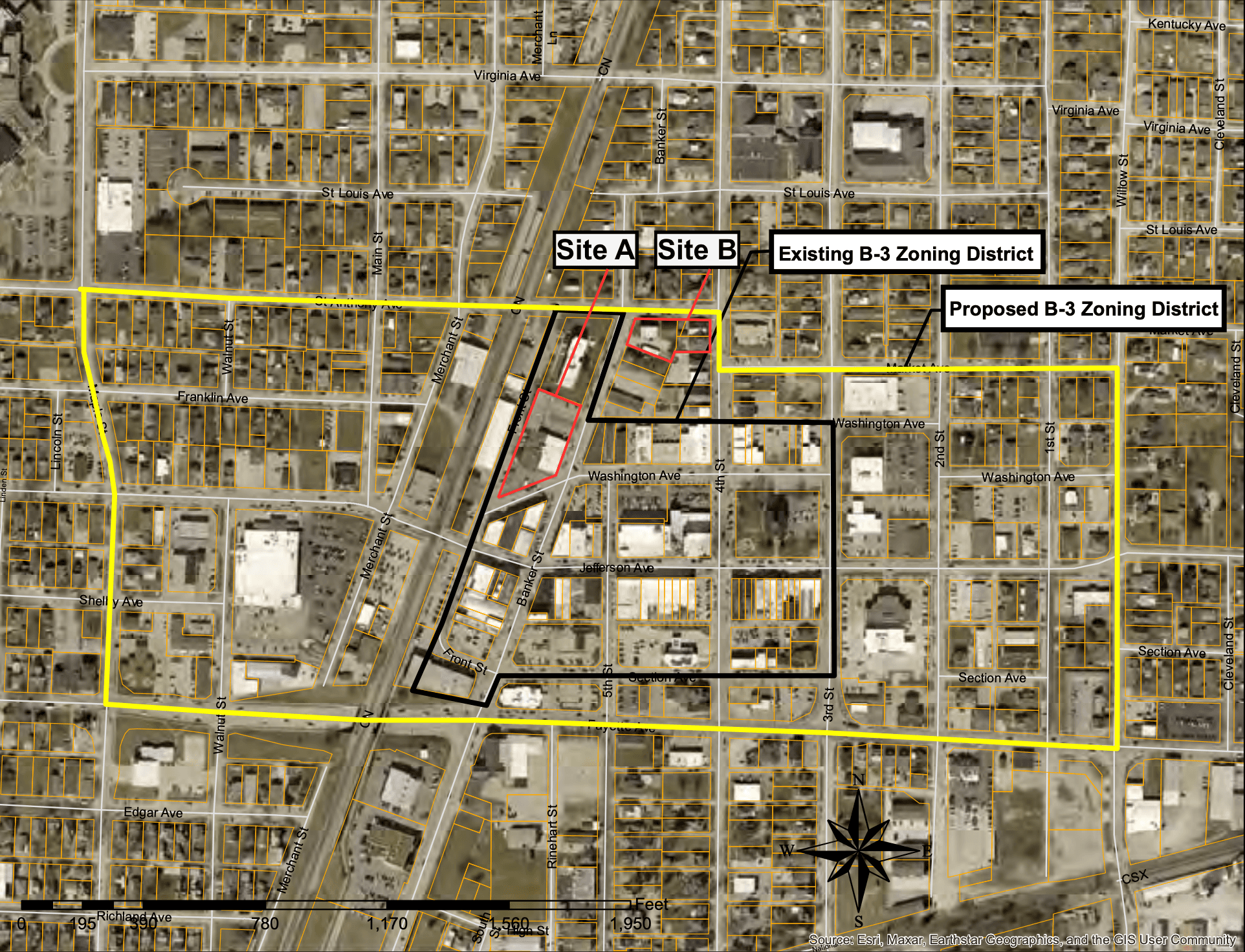 Effingham 2050 Comprehensive Plan zoning map showing the proposed B-3 expansion and the redevelopment site.