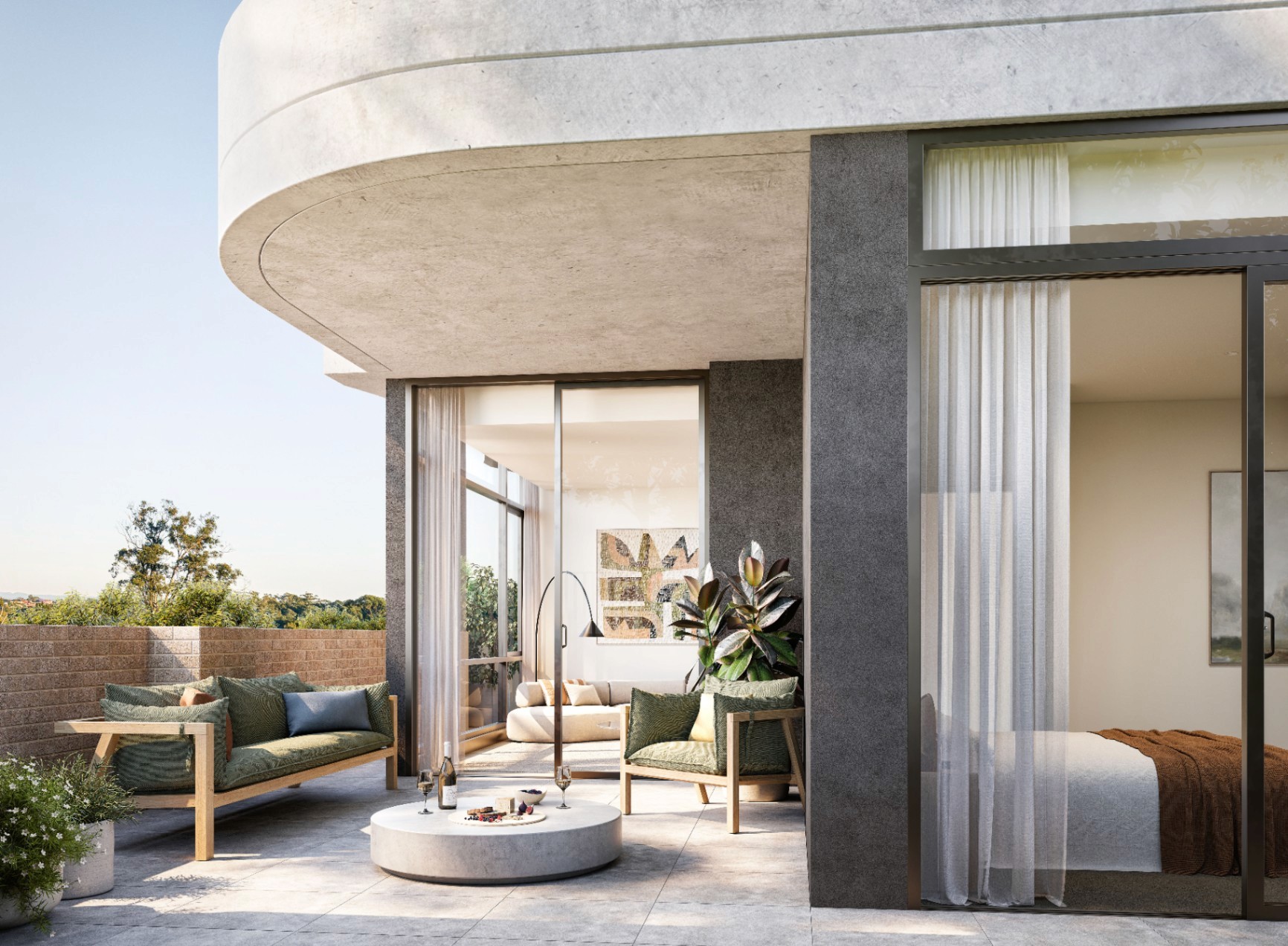 Private apartment balcony with outdoor seating, sliding glass doors, and modern curved architectural design