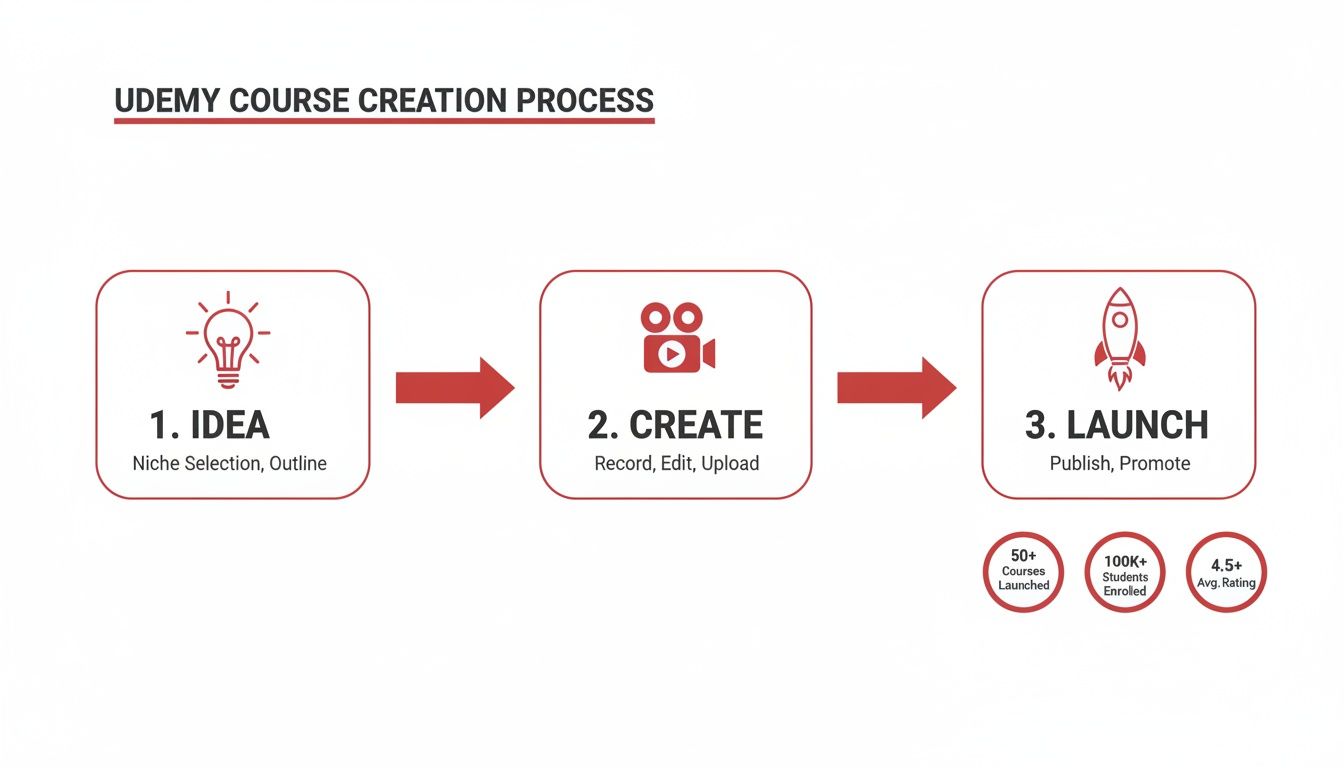A visual guide illustrating the 3-step Udemy course creation process: Idea, Create, and Launch, with success metrics.