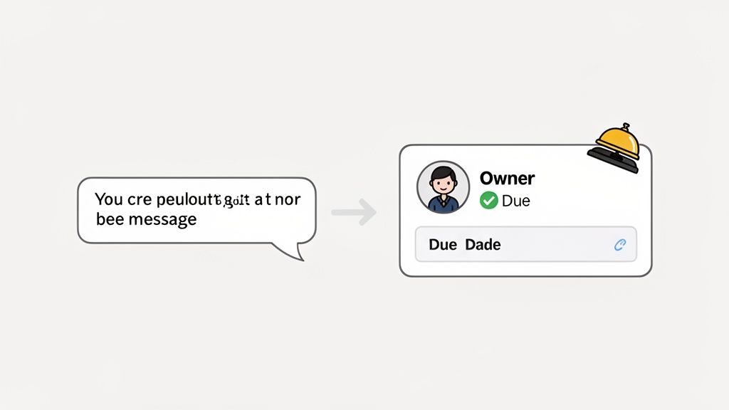 A message bubble transforms into a task card featuring an owner, due status, and notification bell.