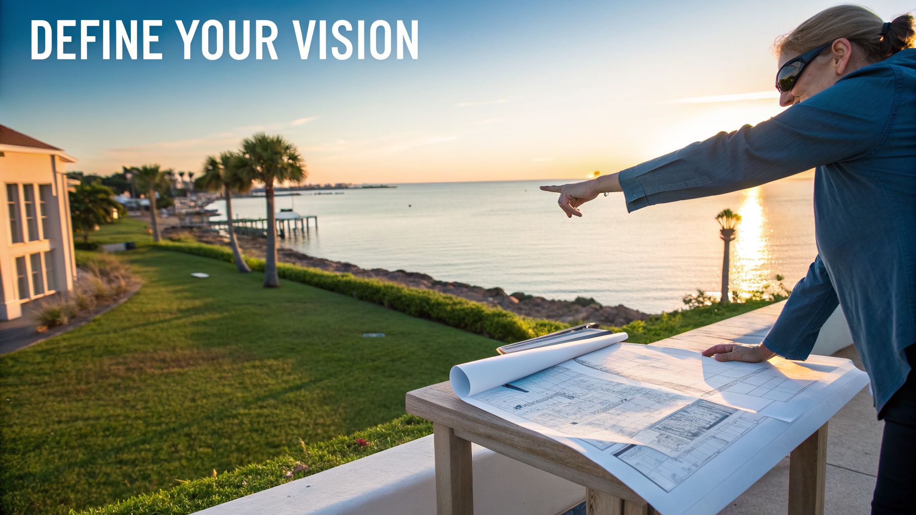 A person points at a sunset over water with architectural blueprints, defining a luxury home vision.