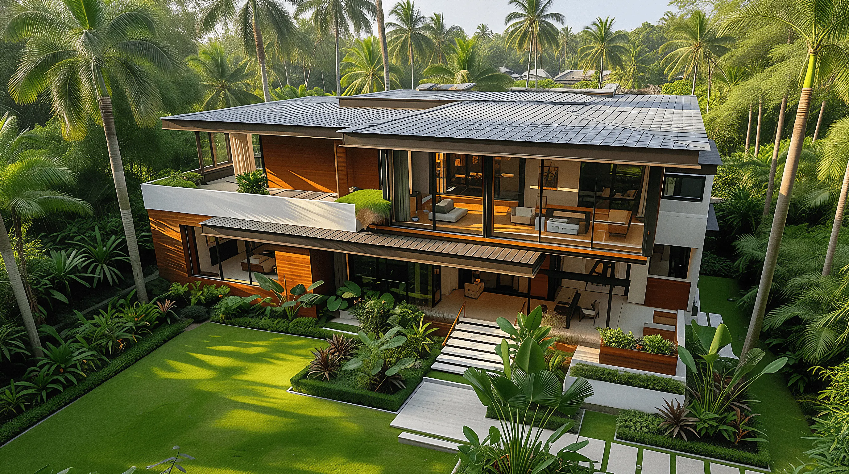 Modern multi-story villa with glass walls and wood accents in a lush tropical garden with a lawn and palm trees.