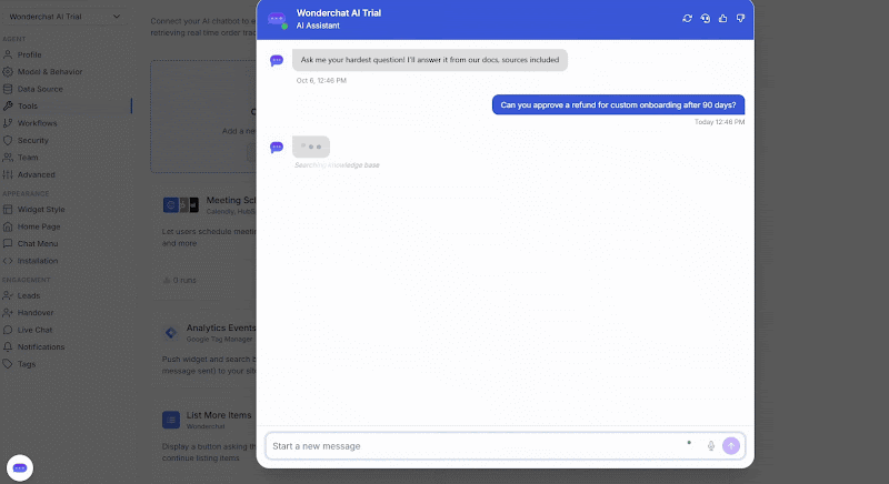 Wonderchat preview conversation that answers the questions, followed by a button that allows you to speak to a live agent