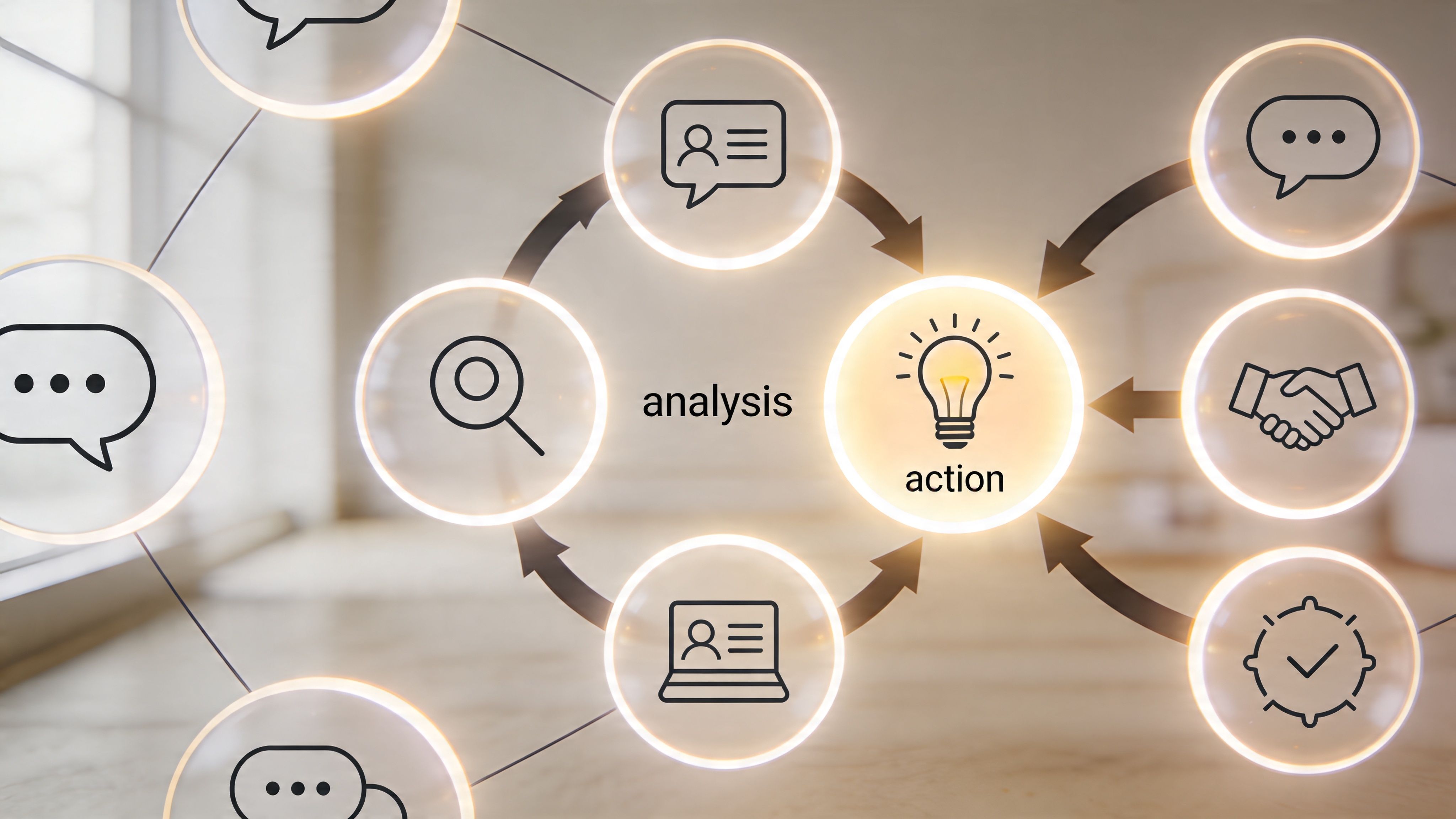 A conceptual diagram showing a workflow cycle connecting consumer analysis, data research, and final actionable business results.