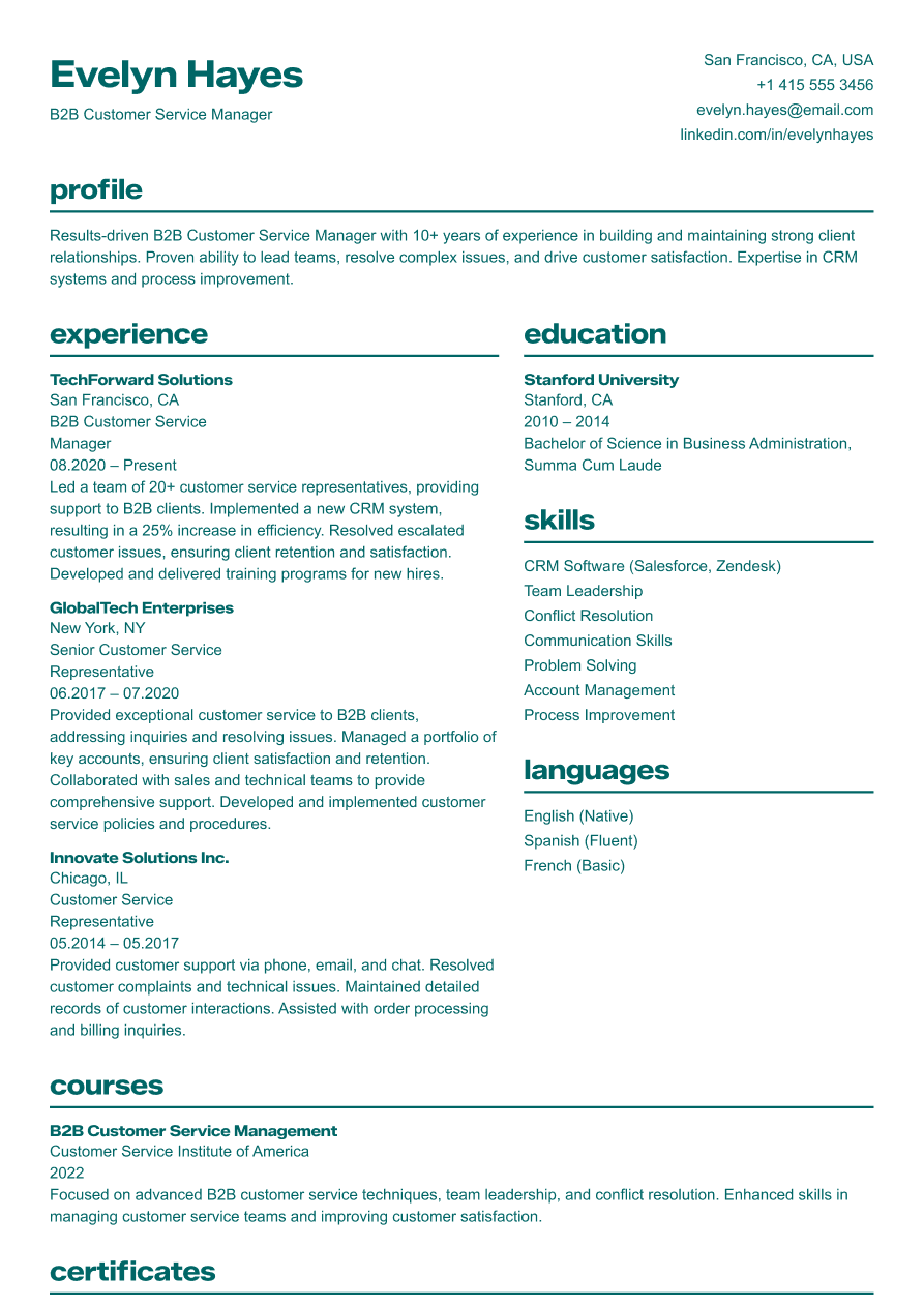 B2B customer service resume example