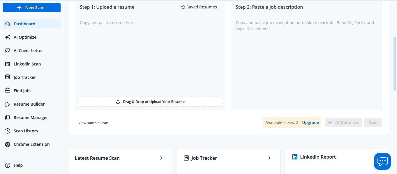 Jobscan resume scan tool with 5-scan free limit