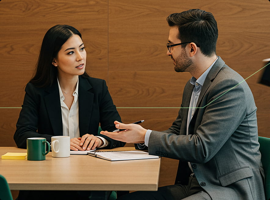 two people are having a business meeting or discussion at a table. Both are dressed in professional attire — blazers and button-up shirts — and appear to be engaged in a focused conversation, possibly reviewing documents or taking notes. On the table are two mugs, notebooks, and some sticky notes. In the background, another person is walking by holding a notebook. The setting seems to be an office or meeting room with wooden wall panels and a calm, professional atmosphere.