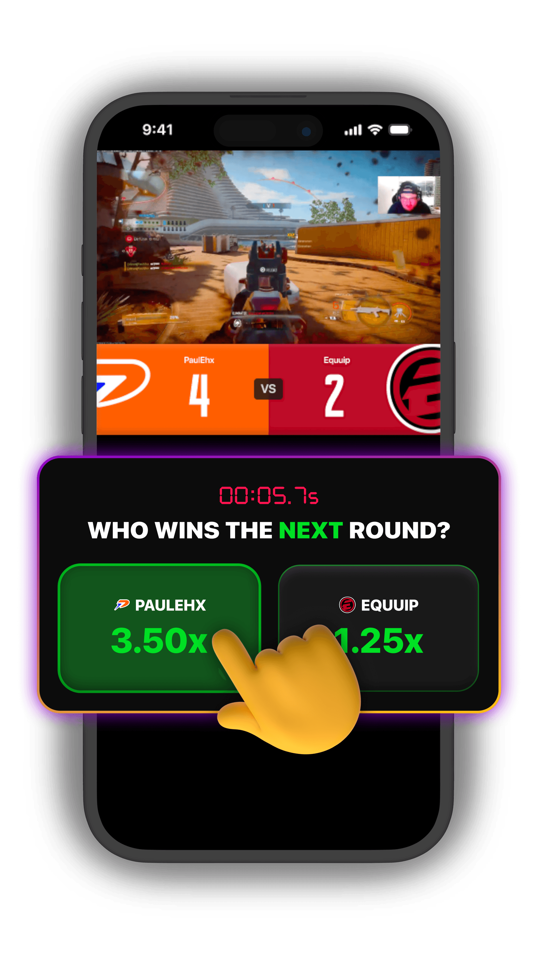 1v1Me Call of Duty esports live staking interface showing “Who Wins the Next Round” market with multiplier payouts and real-time gameplay