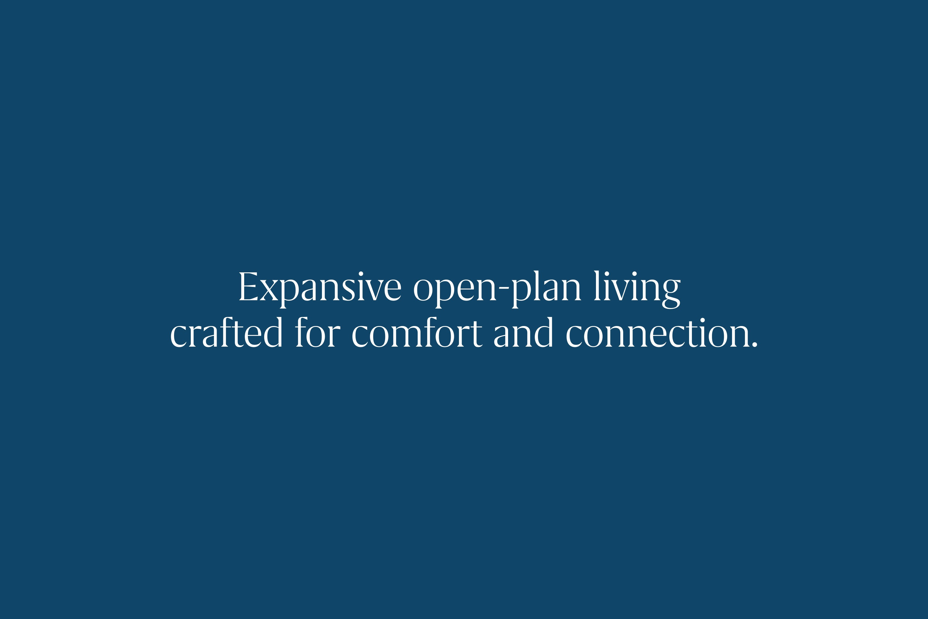Molaya Bay brand key messaging reading “Expansive open-plan living crafted for comfort and connection.” on a teal background.